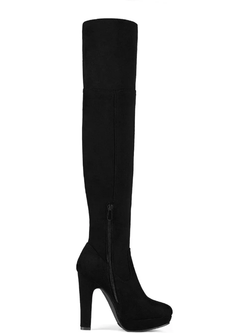 Women's Black High Heel Round Toe Faux Suede Over The Knee Thigh High Boots
